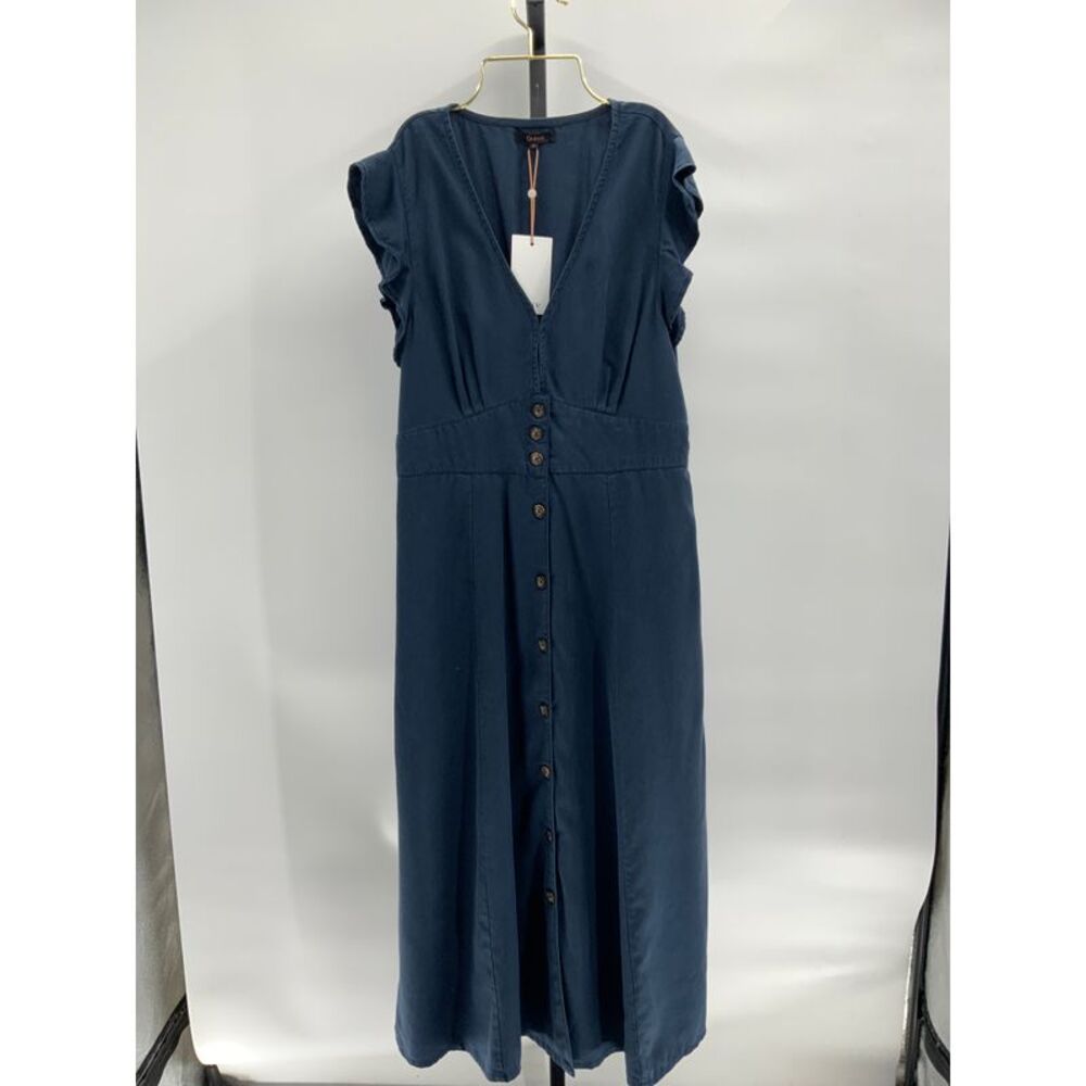 Quince Womens Vintage Wash Tencel Button Front Midi Dress Midnight Blue M